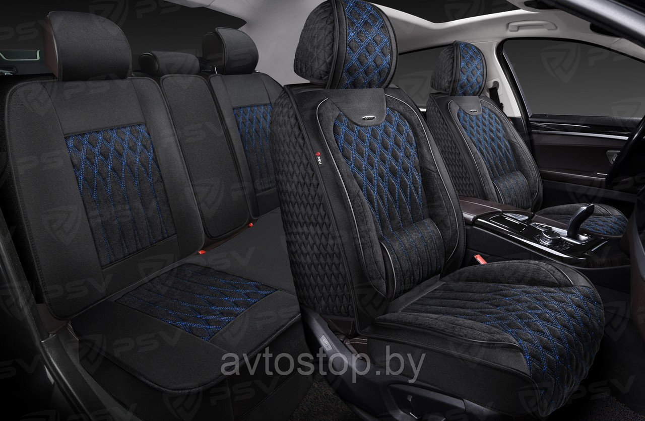Накидки-чехлы 5D PSV Galant Velvet Skin (Черный/Отстрочка Синяя) комплект на весь салон