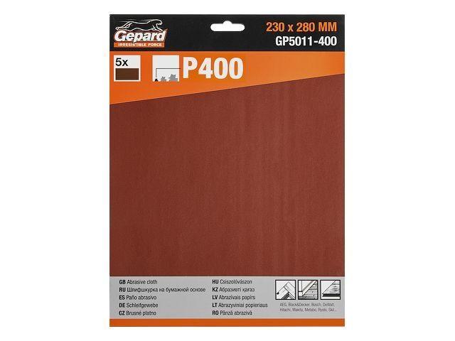Шлифлист 230х280мм Р400 бум.осн. 5шт. GEPARD (GP5011-400) (бумага наждачная абразивная, лист шлифовальный
