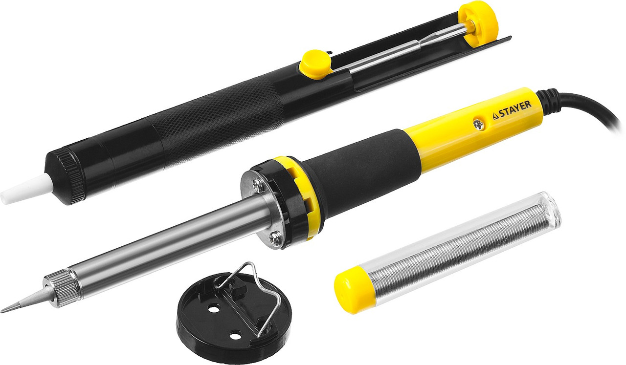 STAYER PROTerm, 30 Вт, с 2к рукояткой, конус, оловоотсос + подставка + припой, набор для паяльных работ,