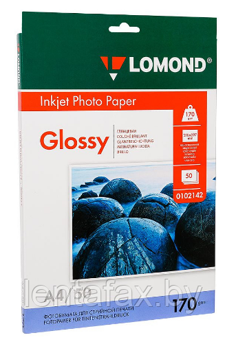 ФОТОБУМАГА ГЛЯНЦЕВАЯ ДЛЯ СТРУЙНОЙ ФОТОПЕЧАТИ "LOMOND", A4, 50 ЛИСТОВ, 170 Г/М2 0102142, ЦЕНА БЕЗ НДС