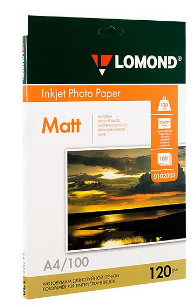 Фотобумага матовая для струйной фотопечати "Lomond", A4, 100 листов, 120 г/м2 (0102003), ЦЕНА БЕЗ НДС
