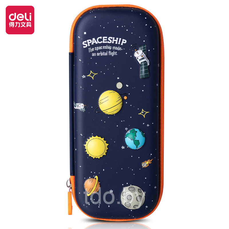 Пенал DELI Spaceship, синий, с оранжевой молнией, твердый, с 3D рисунком
