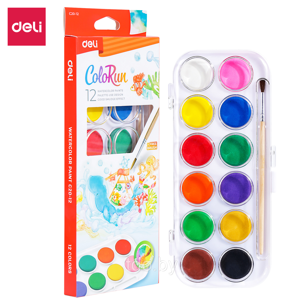 Краски акварельные DELI ColoRun, 12 цветов, с кистью