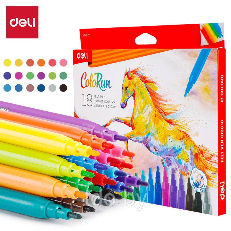 Фломастеры DELI ColoRun, 18 цветов, с вентилируемым колпачком, 18 шт, коробка с подвесом