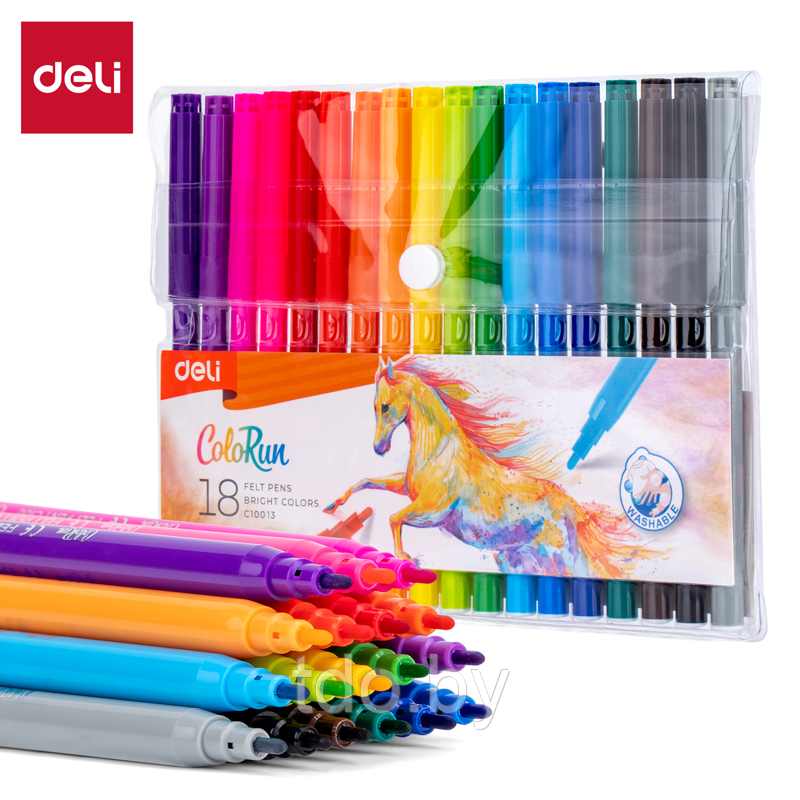 Фломастеры DELI ColoRun, 18 цветов, с вентилируемым колпачком, 18 шт, пластиковый пенал с европодвесом