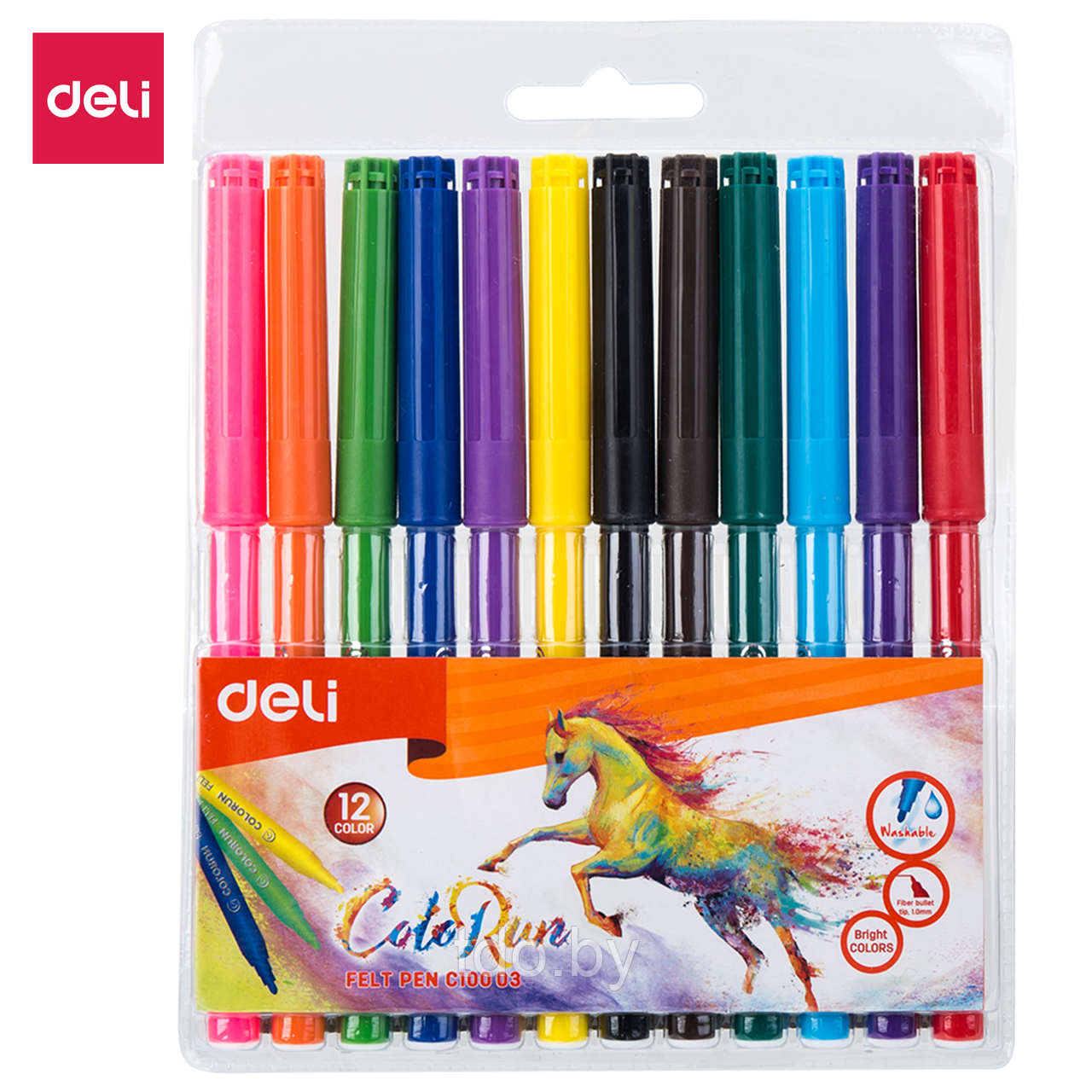 Фломастеры DELI ColoRun, 12 цветов, с вентилируемым колпачком, 12 шт, пластиковый пенал с европодвесом