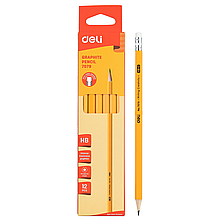 Карандаш чернографитный DELI, HB, шестигранный, заточенный, с ластиком, желтый корпус, деревянный