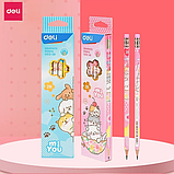 Карандаш чернографитный DELI MiYou, 2B, шестигранный, заточенный, с ластиком, ассорти корпус, дерево (тополь), фото 6