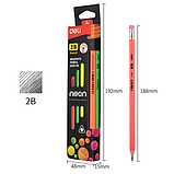 Карандаш простой 2В, арт., U51800 DELI DELI Neon, 2B, трехгранный, с ластиком, дерево (тополь), ассорти неон к, фото 6