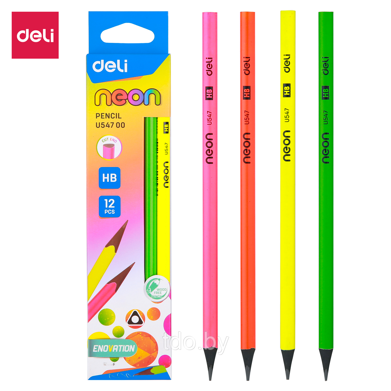 Карандаш чернографитный DELI NEON enovation, HB, трехгранный, заточенный, ассорти неон корпус, пластик