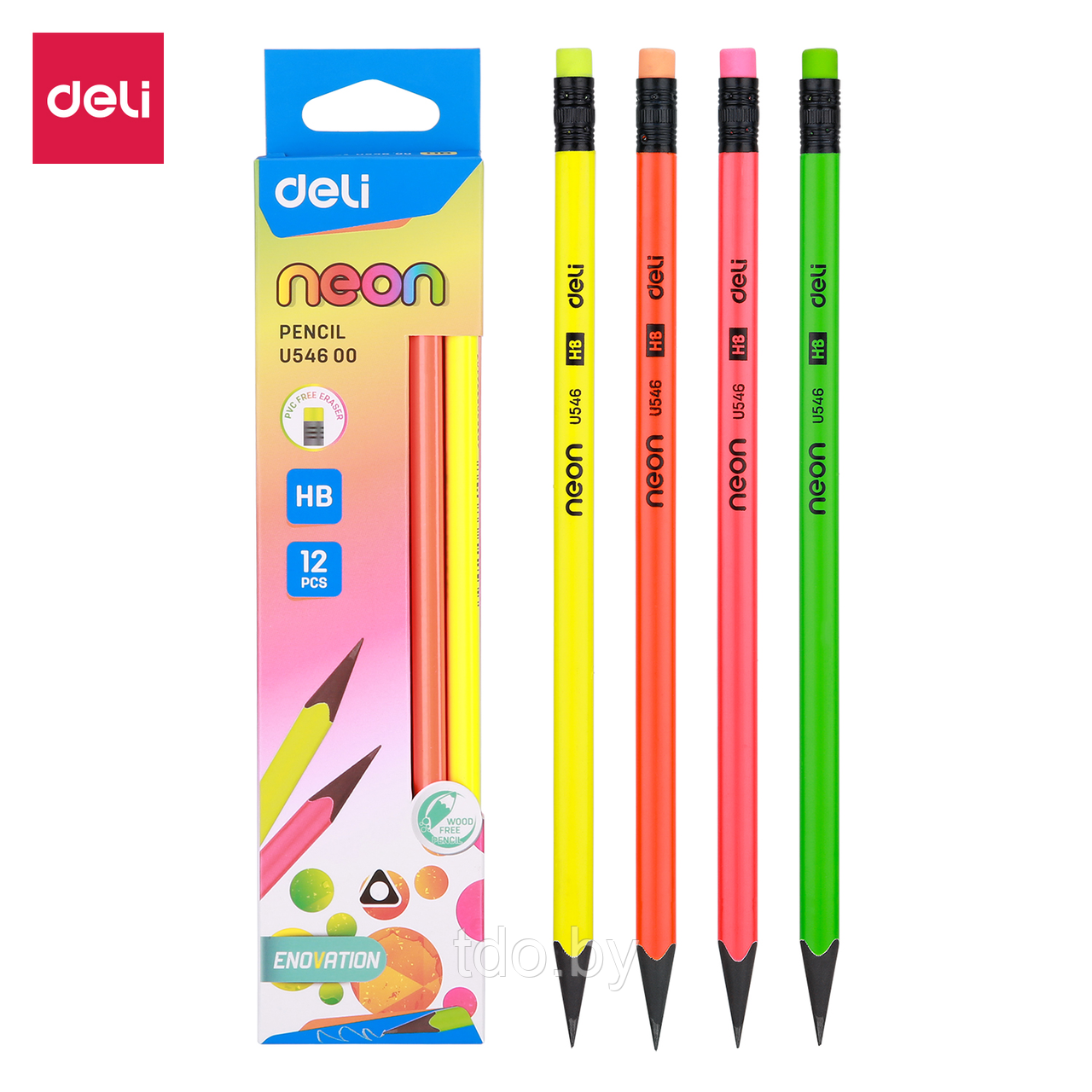 Карандаш чернографитный DELI NEON enovation, HB, трехгранный, заточенный, с ластиком, ассорти неон корпус, пла
