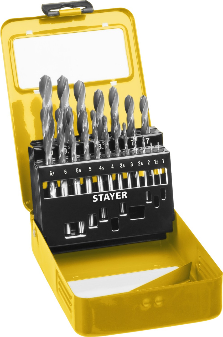 STAYER HSS-R, 19 шт, (1-10 мм), быстрорежущая сталь P6M5, класс В, мет.бокс, набор сверл по металлу,