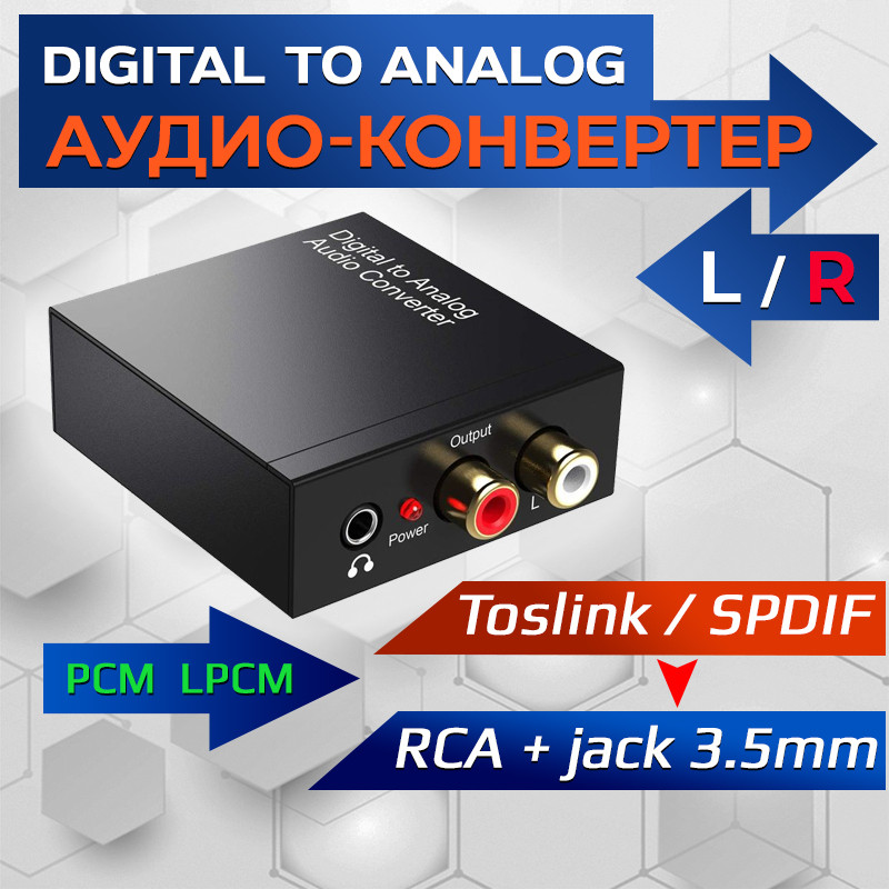 Адаптер - переходник, аудио-преобразователь с оптики (Toslink/SPDIF) на jack 3.5mm (AUX) и RCA, черный