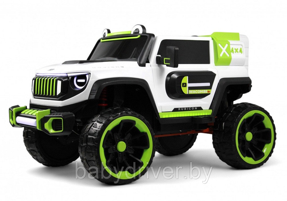 Детский электромобиль RiverToys E007EE (бело-зеленый) Полноприводный Jeep Rubicon