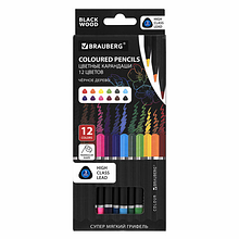 Карандаши цветные чёрное дерево BRAUBERG BLACK WOOD, 12 цветов, трехгранные, мягкий грифель 3 мм, 181948