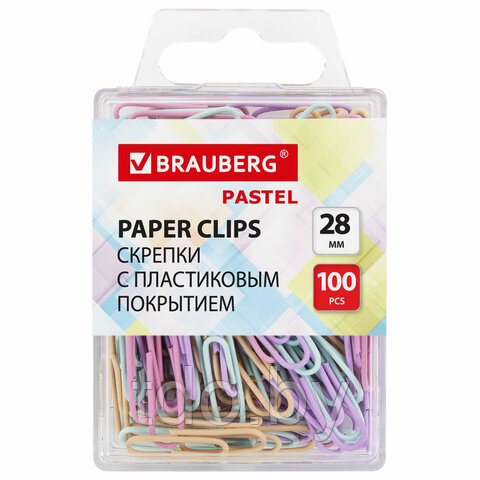 Скрепки BRAUBERG PASTEL, 28 мм, пастельные цвета, 100 шт., в пластиковой коробке, 271956