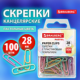 Скрепки BRAUBERG PASTEL, 28 мм, пастельные цвета, 100 шт., в пластиковой коробке, 271956, фото 2