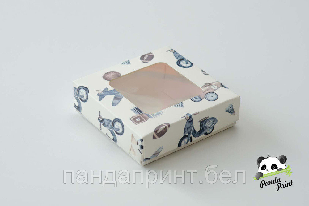 Коробка с прозрачным окном 100х100х30 Детские игрушки (белое дно)