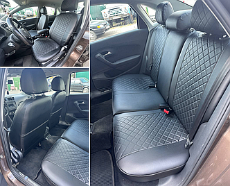 Чехлы на сиденья Volkswagen Polo седан, 2010-2020, спинка раздел, Экокожа, черная, отстрочка РОМБ