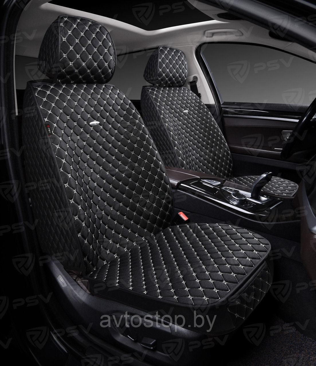 Накидки 5D PSV Len 2 FRONT (Чёрный/Отстрочка Белая),на передние сиденья, лен