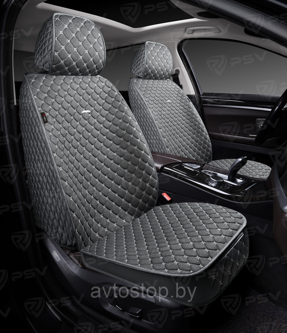 Накидки 5D PSV Len 2 FRONT (Серый/Отстрочка Белая),на передние сиденья, лен