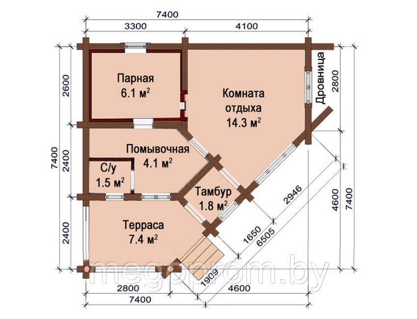 Баня из бревна 7.4х7.4 ОБ1 - фото 2 - id-p33911741