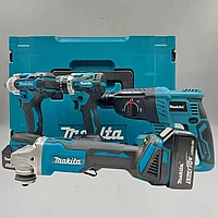 Набор аккумуляторных инструментов Makita 4 в 1 (УШМ, перфоратор, шуруповерт, гайковерт, 2 АКБ 4 А/ч) Аналог
