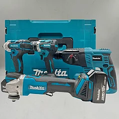 Набор аккумуляторных инструментов Makita 4 в 1 (УШМ, перфоратор, шуруповерт, гайковерт, 2 АКБ 4 А/ч) Аналог