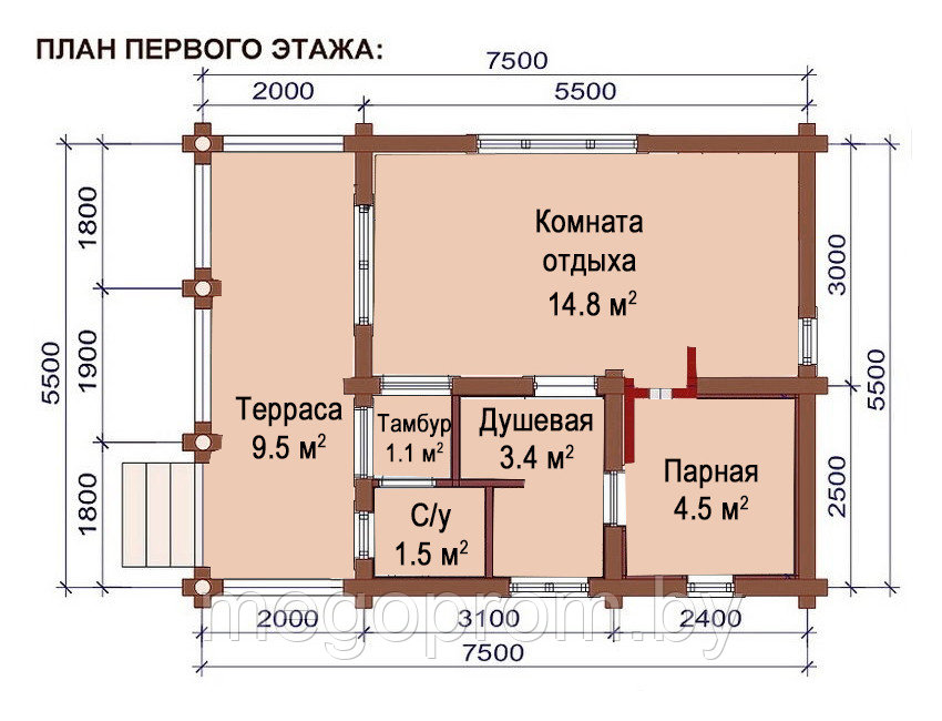 Баня из бревна 5.5х7.5 ОБ2 (2 этажа) - фото 2 - id-p33911781