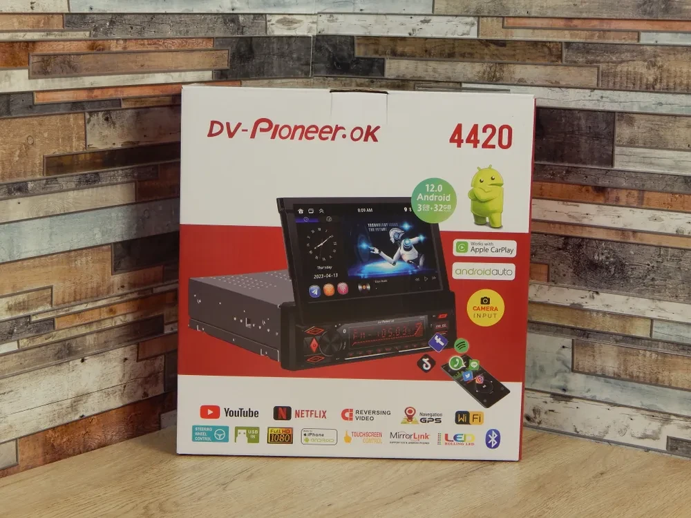 Магнитола 1DIN с выдвижным сенсорным экраном DV-Pioneer.Ok 4420 Android 3+32Гб/ GPS, Wi-Fi, CarPlay, AUX