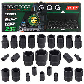 Головки ударные RockForce RF-50121K, набор 25пр. 1/4'', 1/2''(6гр.)