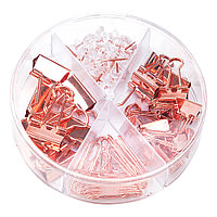 Набор канцелярский "Deli" зажимы+скрепки+кнопки, розовое золото