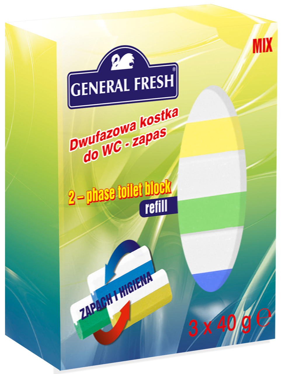 Двухкомпонентный ароматический вкладыш к "Dwufazowa KOSTKA do WC" (3*40 гр) General Fresh Микс