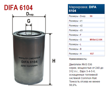 6104 DIFA Фильтр топливный тонкой очистки (двигатели ЯМЗ серии 530)(536.1117075)