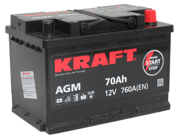 Аккумулятор автомобильный KRAFT AGM 70 R+