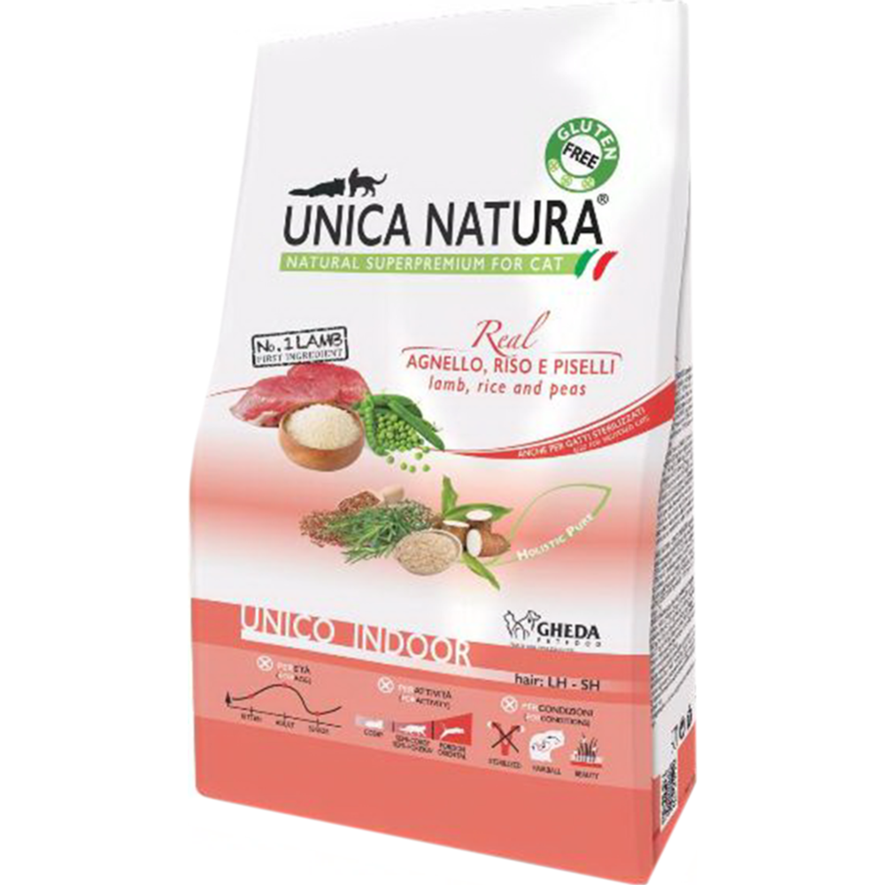 Сухой корм Unica Natura Indoor - для кошек и котят живущих в помещении (ягненок, рис, горох)1.5кг.