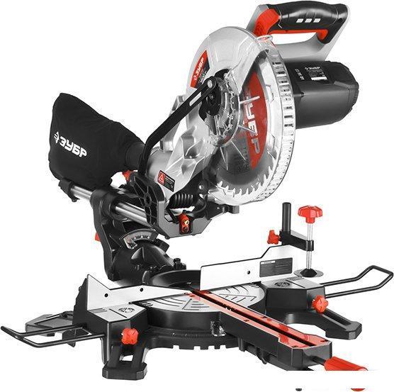 Торцовочная дисковая пила с протяжкой Зубр ЗПТ-255-1800 ПЛ лазерная настольная торцовка по дереву