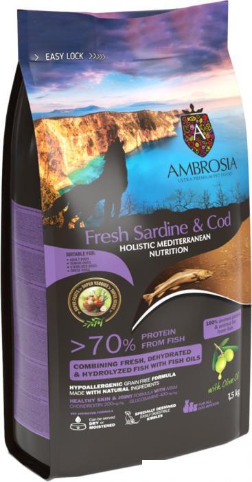 Сухой корм для собак Ambrosia Mediterranean Adult, Senior & Sterilized All Breeds Fresh Sardine & Cod (для