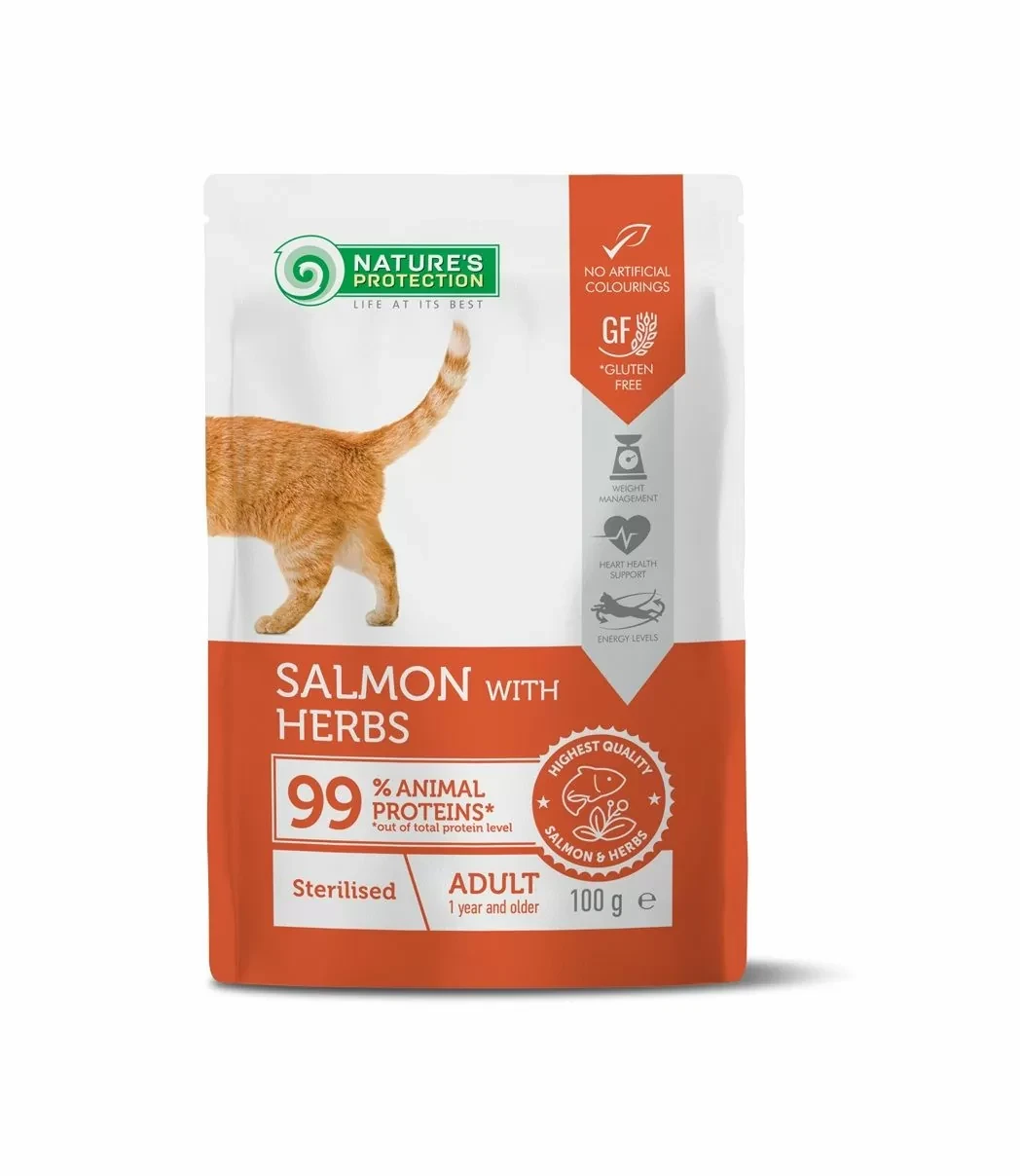 Корм влажный Nature's Protection Adult Sterilised для стерилизованных кошек (лосось и травы) 100гр.