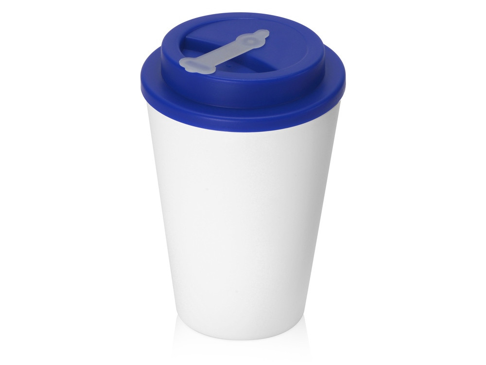 Пластиковый стакан Take away с двойными стенками и крышкой с силиконовым клапаном, 350 мл, белый/синий