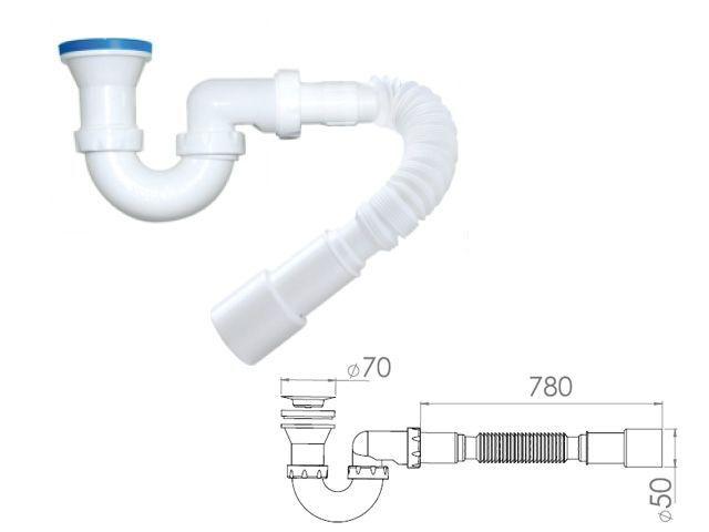 Сифон для душевого поддона U-образный h 130mm, выпуск 70 мм, с гибкой трубой 1 1/2" - 40/50мм, AV (AV