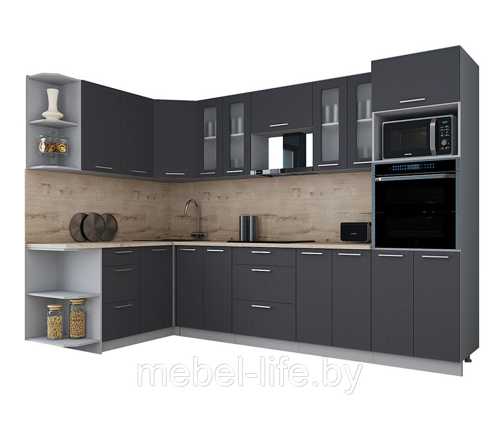 Кухня угловая Мила Глосс 1,68 х 3,0 Графит Софт
