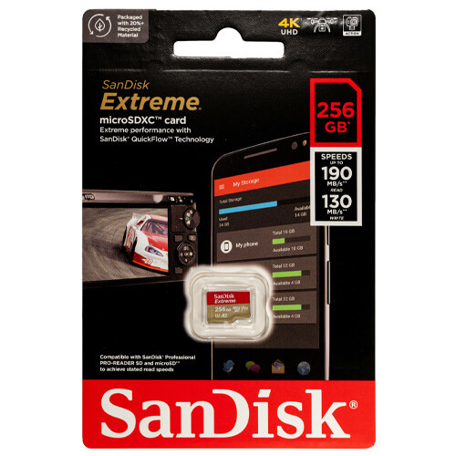 Карта памяти MicroSD 256GB - SanDisk Extreme, Class10 UHS-I (U3) A2 V30, 190/130 Mb/s (SDSQXAV-256G-GN6MN)
