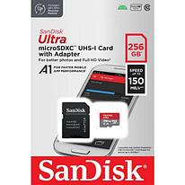 Карта памяти MicroSD 256GB - SanDisk Ultra, Class10 UHS-I (U1) A1, 150 Mb/s, с адаптером в SD