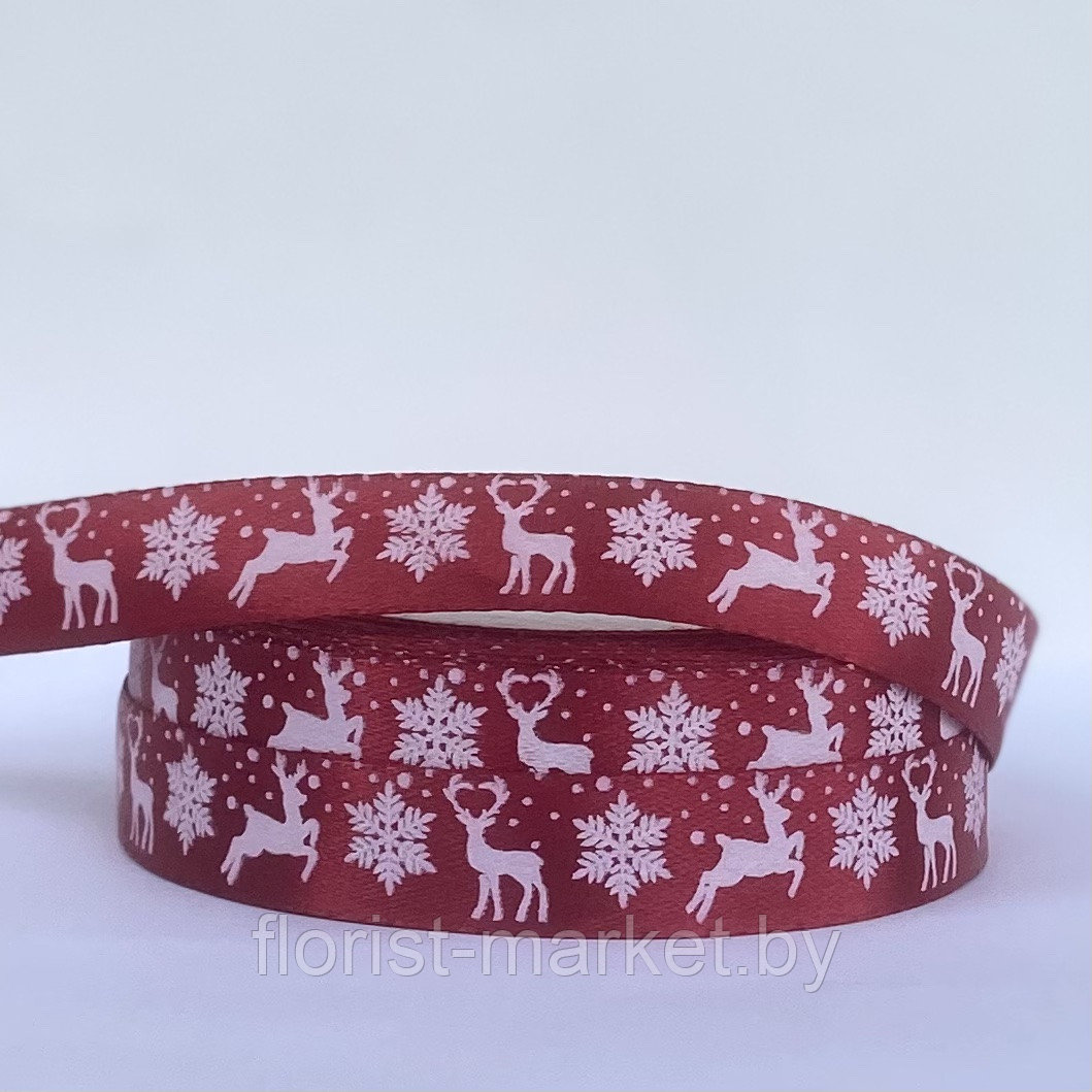 Лента атласная «Олени», 15 мм*23 м, красный