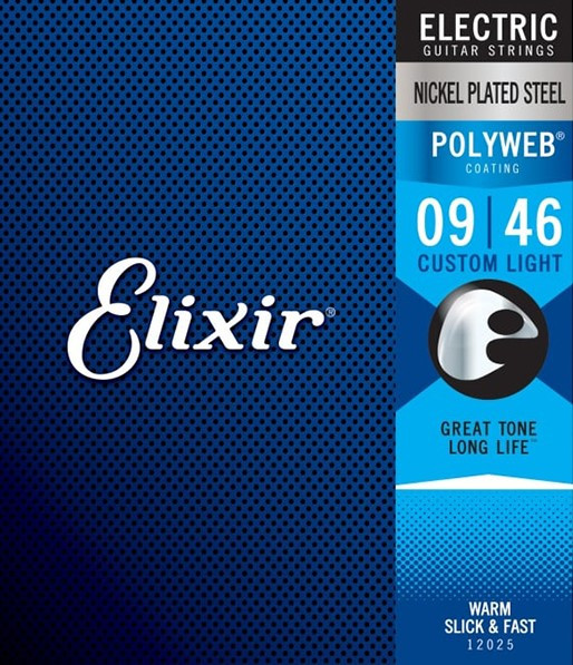 Elixir 12025 POLYWEB Комплект струн для электрогитары, никелированная сталь, Custom Light 9-46