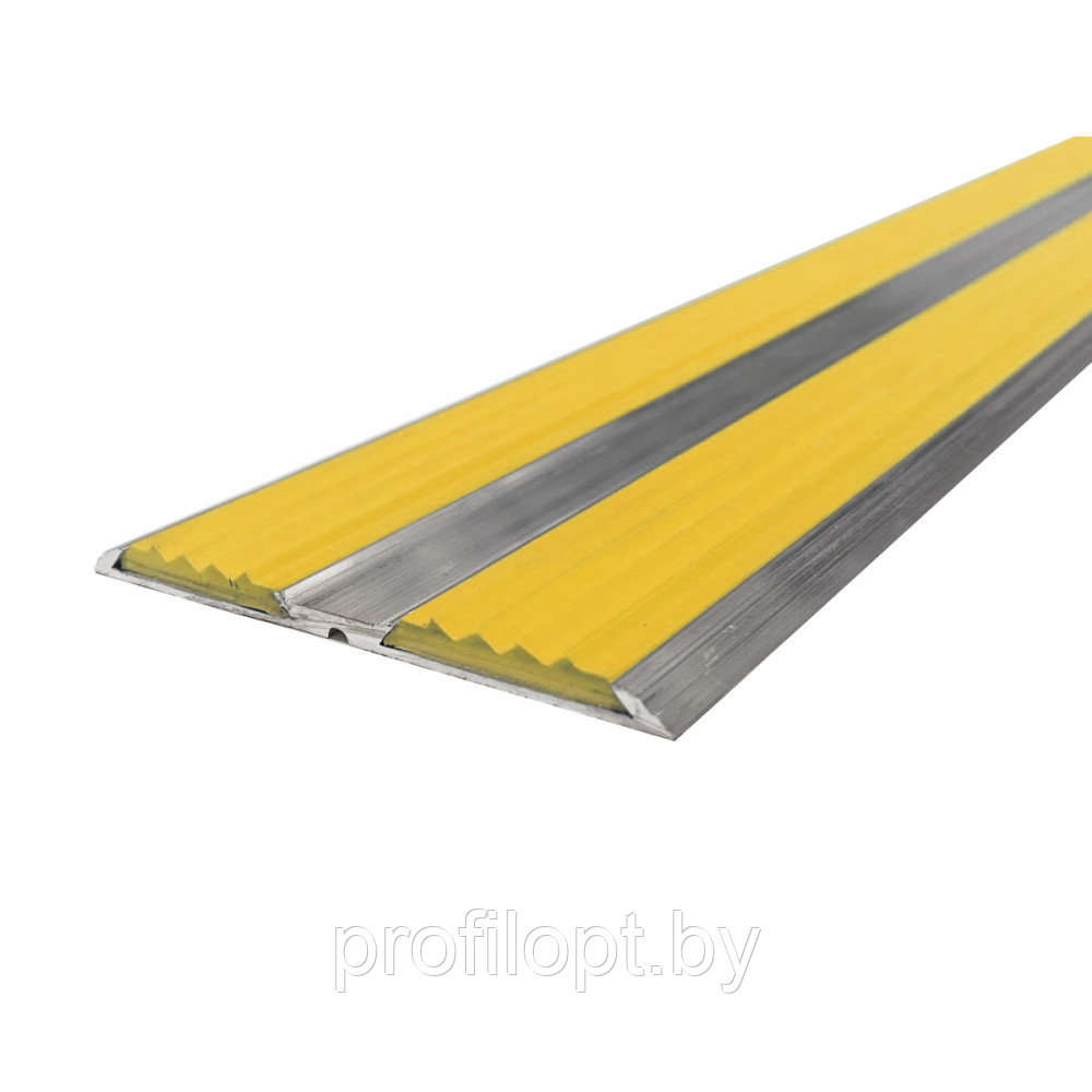 Порог алюминиевый с двумя вставками противоскольжения ЖЕЛТЫЙ 80 мм. 1,5 м.