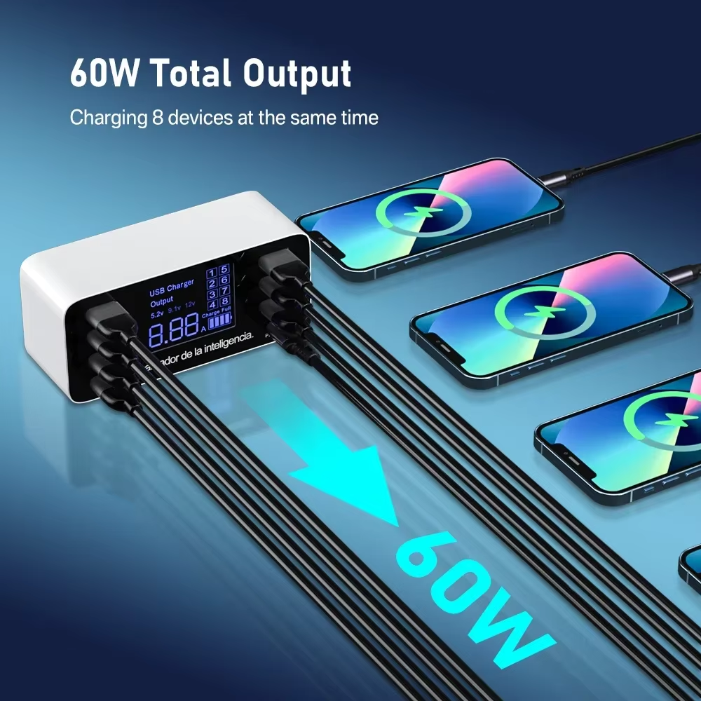 Сетевое Мультизарядное Устройство (СЗУ) с дисплеем на 8 портов A9P, 7 USB + Type-C, 60W
