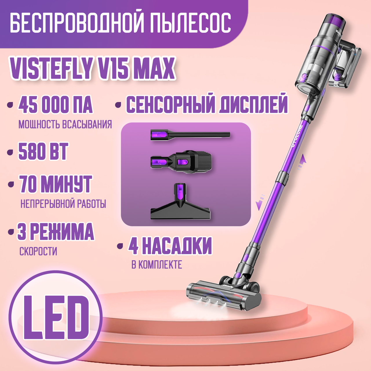 Пылесос вертикальный аккумуляторный VISTEFLY V15 MAХ   ИЗ  ГЕРМАНИИ