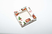 Коробка с прозрачным окном 100х100х30 Пряничный дом на белом фоне (крафт дно)